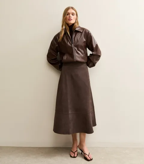 Women's Dark Brown Faux Suede A Line Midi Skirt