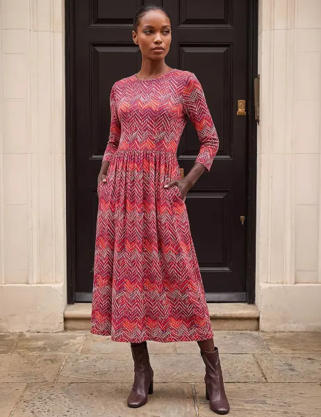 Roman Zig Zag Print Scoop Neck Midi Waisted Dress Red