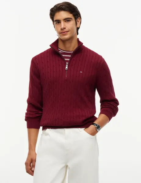 Tommy Hilfiger Classic Pure Cotton Half Zip Jumper Burgundy