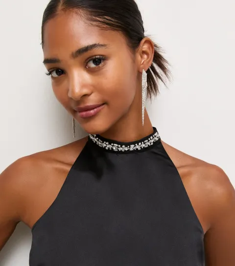 New Look Women's Black Satin Embellished Halter Neck Top