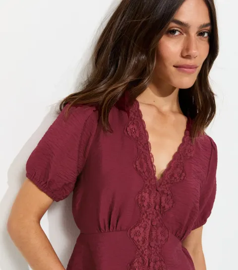 Women's Petite Dark Burgundy Lace Trim Faux Button Tea Blouse