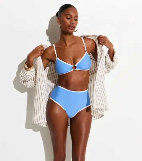 Women's Light Blue Contrast Trim High Waist Bikini Bottoms