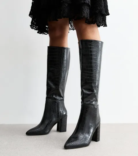 Women's Black Croc Effect Faux Leather Knee High Boots