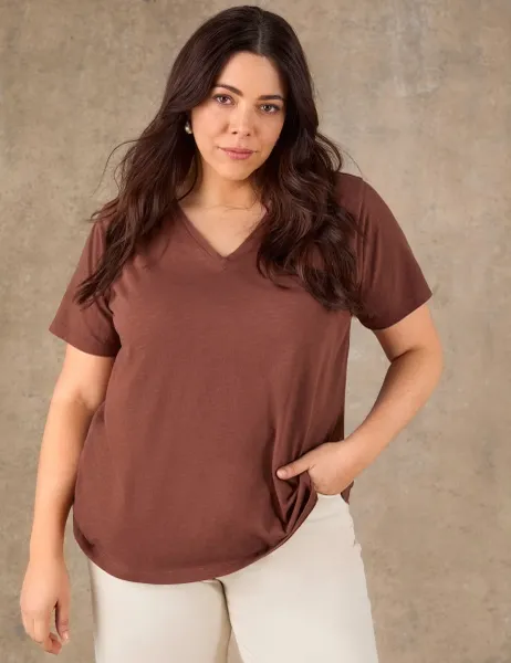 Live Unlimited London Pure Cotton V-Neck Relaxed T-Shirt Brown