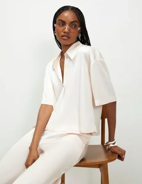 River Island Satin Polo Shirt Cream
