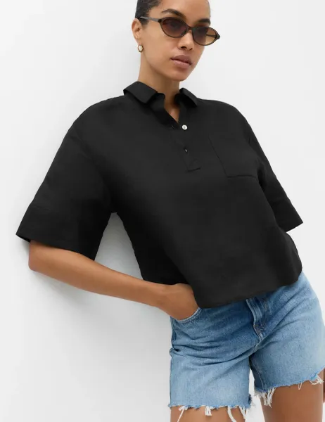 Marks & Spencer Pure Linen V-Neck Relaxed Top Black