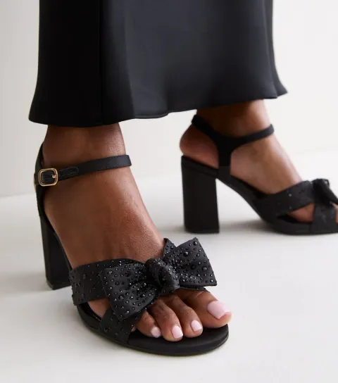 New Look Women's Black Satin Embellished Knot Block Heel Sandals Vegan