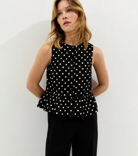 Women's Black Polka Dot Button Up Peplum Top