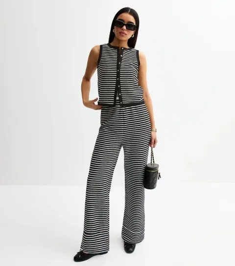 Women's Black Textured Striped Wide Leg Trousers