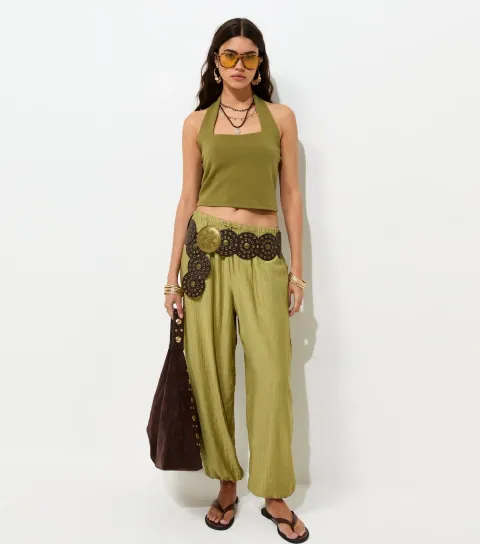 Women's Light Khaki Wide Drawstring Waist Cuffed Trousers