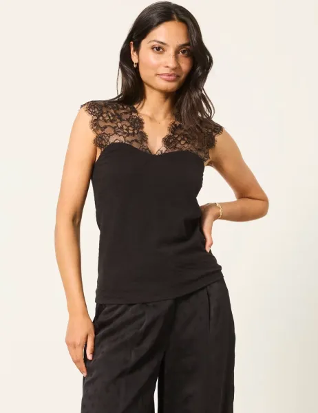 FatFace Pure Cotton V-Neck Lace Detail Top