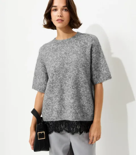 Women's Grey Brushed Knit Lace Hem T-Shirt
