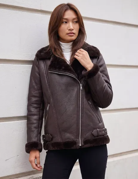 Roman Faux Fur Cropped Aviator Jacket Chocolate