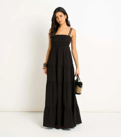 Women's Black Double Strap Flared Maxi Dress