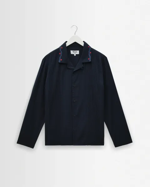 Corey - Navy Pintuck Border Cotton-Linen Shirt