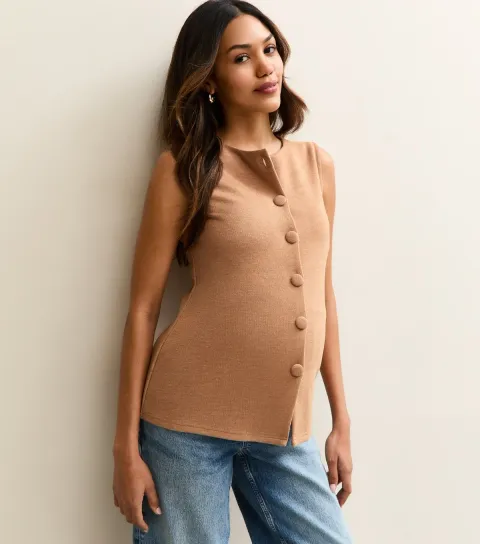 Women's Maternity Camel Compact Knit Split Waistcoat