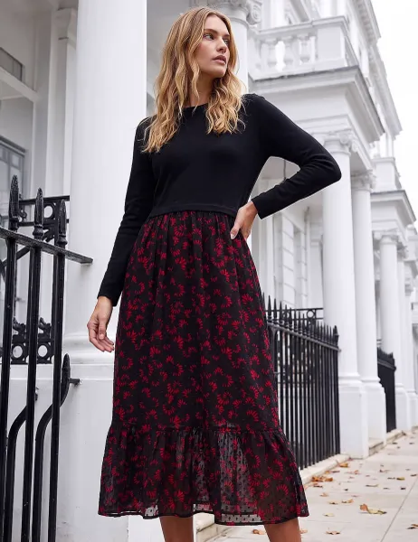 Roman Abstract Print Midi Skater Dress Black