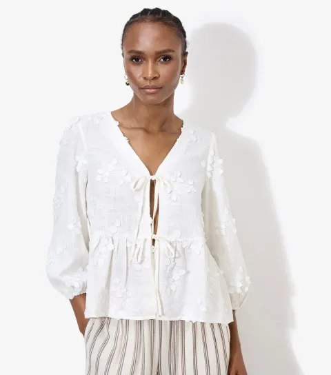 Women's White Floral Applique Tie Front Top