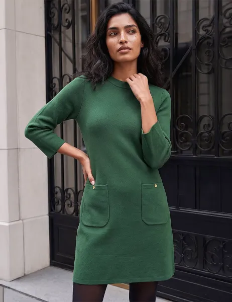 Roman Patch Pocket Asymmetric Neck Knee Length Dress Green Mix