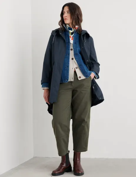 Seasalt Cornwall Linen Rich Waterproof Hooded Longline Coat Navy