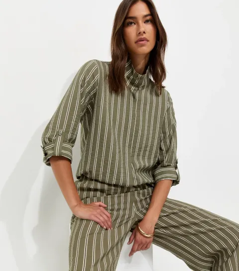 Women's Green Striped High Neck Bubble Hem Shirt