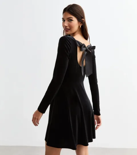 Women's Black Satin Bow Long Sleeve Velvet Mini Dress