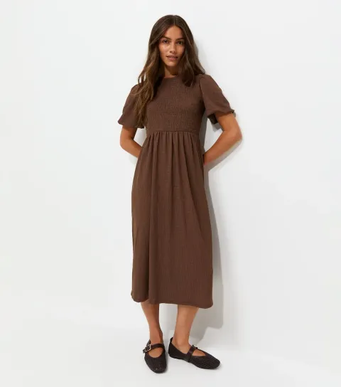 New Look Women's Petite Dark Brown Woven Texture Shirred Bodice Midi Dress