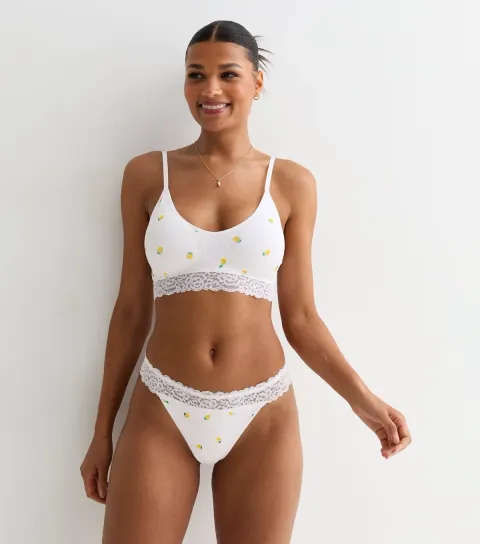 Women's White Ribbed Lemon Printed Lace Trim Thong