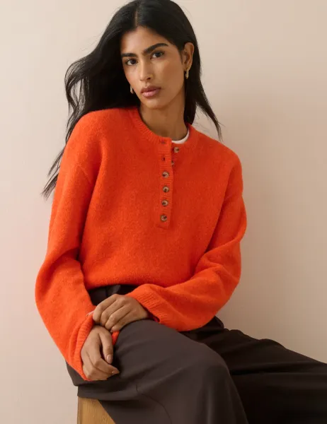 Nobody's Child Henley Crew Neck Jumper With Wool Orange
