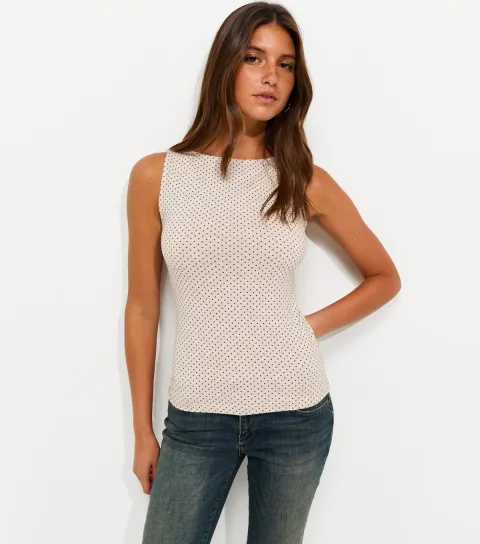 Women's Cream With Cotton Spot Print Slash Neck Vest Top