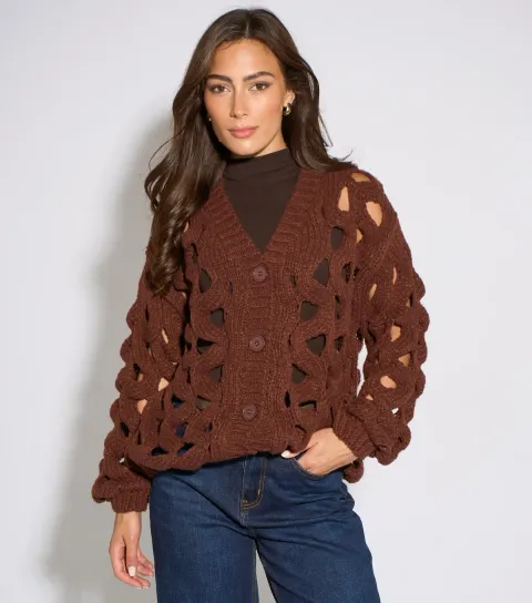 Women's Rust Chunky Open Knit Cardigan