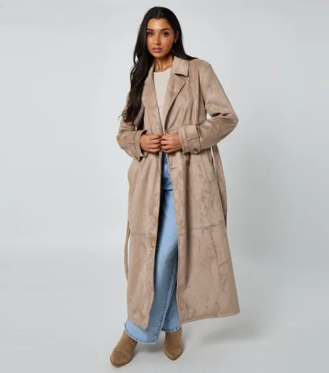 Women's Stone Faux Suede Trench Coat