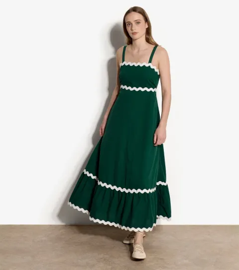 Women's Dark Green Cotton Trapeze Maxi Dress