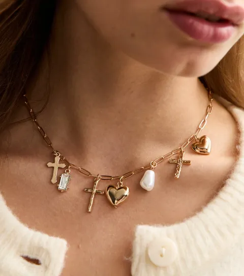 Gold Tone Cross Heart Charm Chain Necklace