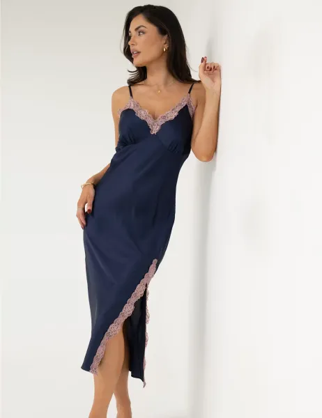 Pour Moi Dusk Satin and Lace Midi Chemise Navy Mix