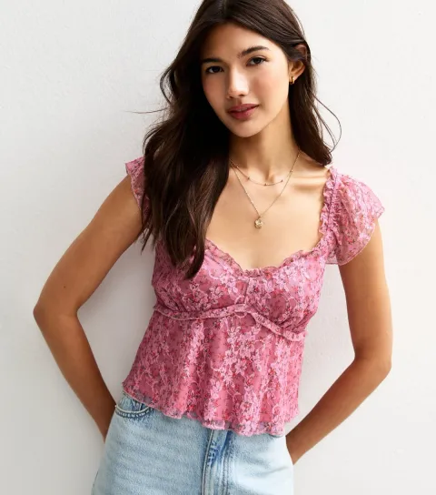 Women's Pink Rose Print Lace Layer Milkmaid Top