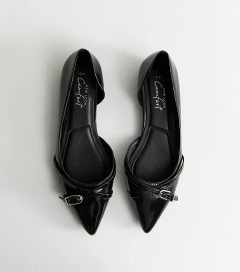 Women's Black Patent Faux Leather D'Orsay Buckle Detail Flats