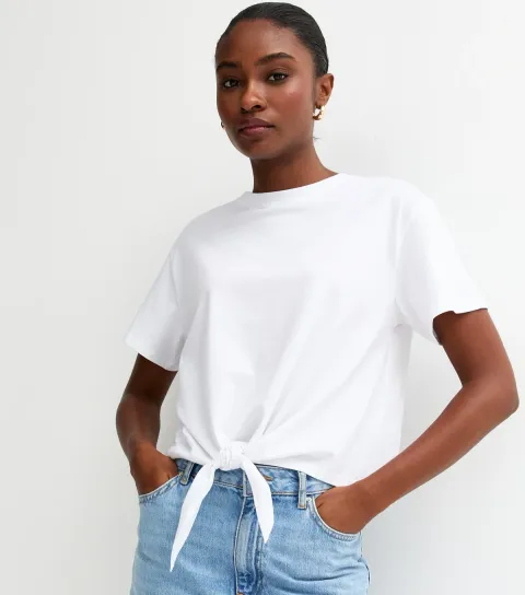 Women's White Cotton Tie Front T-Shirt