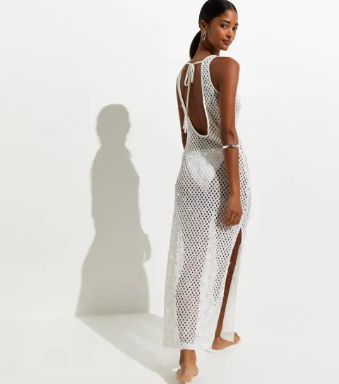Women's White Three Dimensional Open Knit Sequin Beach Maxi Dress