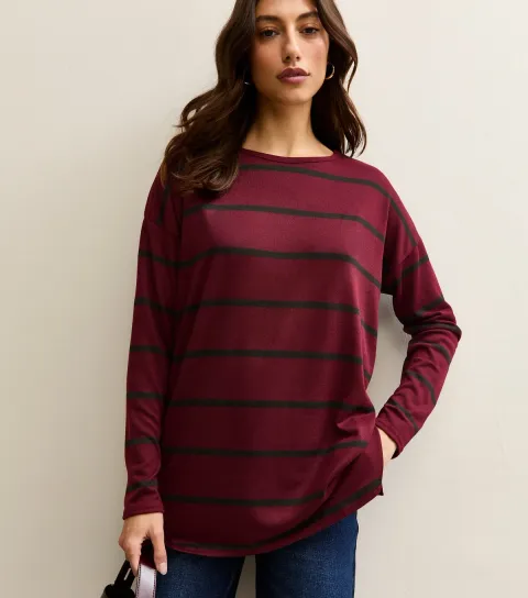 Women's Tall Burgundy Long Sleeve Stripe Top