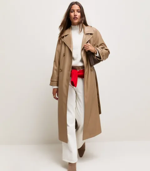 New Look Women's Camel Faux Leather Longline Trench Coat