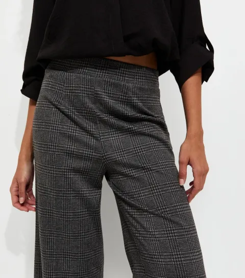 Women's Grey Check Jersey Wide Leg Trousers