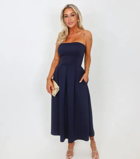 Women's Navy Strapless Midi Dress