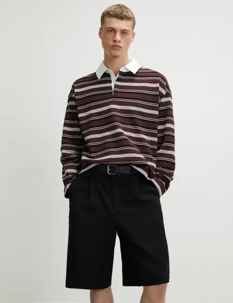 River Island Oversized Pure Cotton Striped Long Sleeve Polo Shirt Brown Mix