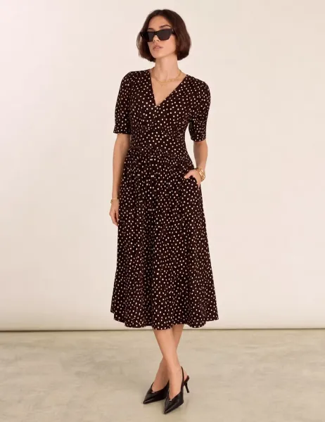 BAUKJEN Polka Dot Midi Tea Dress Brown Mix