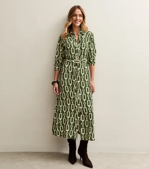 Women's Green Graphic Print Midi Shirt Dress