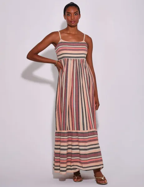 South Beach Cotton Rich Striped Tiered Maxi Beach Dress