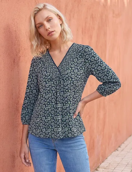 Roman Petite Pure Cotton Stretch V Neck Top Navy Mix