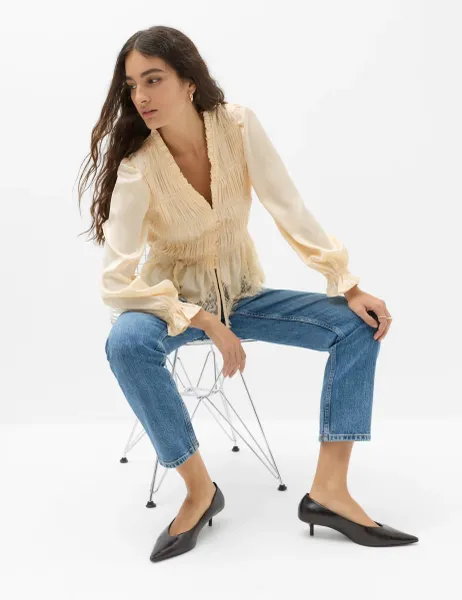 Marks & Spencer Satin Lace V Neck Shirred Top Ivory