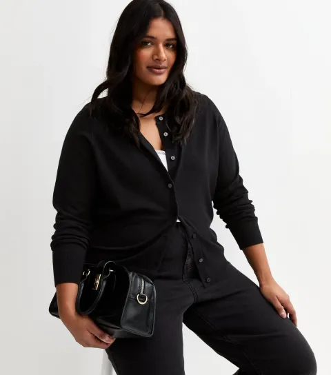 Women's Plus Size Black Lightweight Crew Neck Cardigan Curves